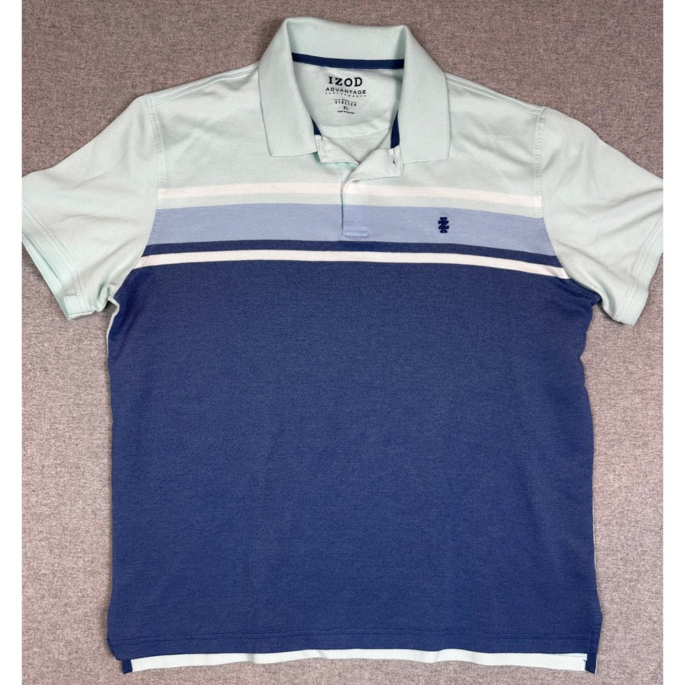 IZOD Advantage Performance Polo Shirt Mens XL Blue Green Striped‎ Stretch 2769